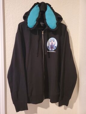 Bioworld Hatsune Miku Black Hoodie with Teal Bunny Ear Hood and Chest Patch